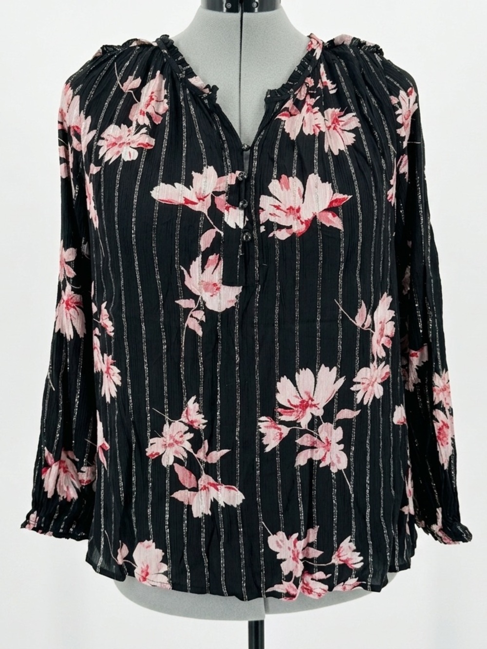 Liz Claiborne Black Blouse with Pink Floral Print